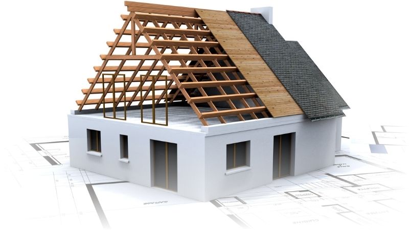 A graphic depicting a new roof being installed on a residential home