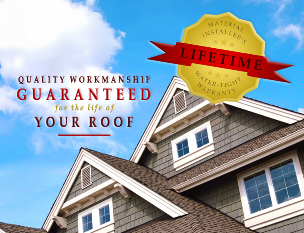 Residential house with shingle roof and shake siding at upward angle against the sky featuring lifetime warranty seal with tagline "quality workmanshup guaranteed for the life of your roof"