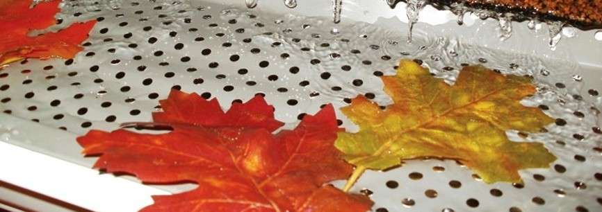 Silver aluminum gutter guard allowing water from roof to drain into gutter but preventing leaves from getting in.