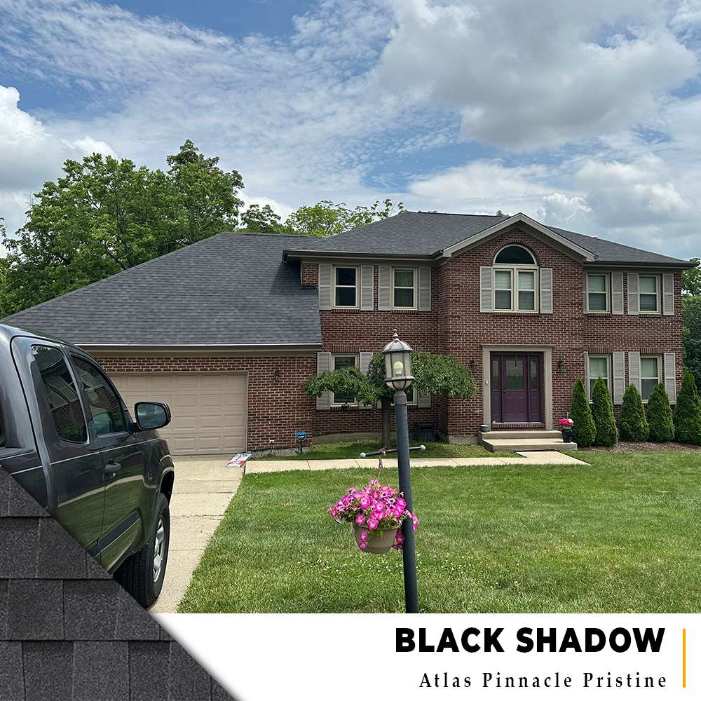 Black Shadow Atlas Pinnacle Pristine roof on two-story brick home in West Chester, Ohio.