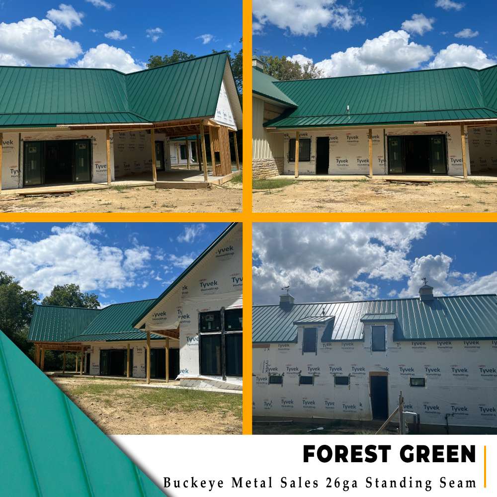 Four angles of a Forest Green standing seam metal roof on a large custom new construction home in Liberty Township, Ohio.