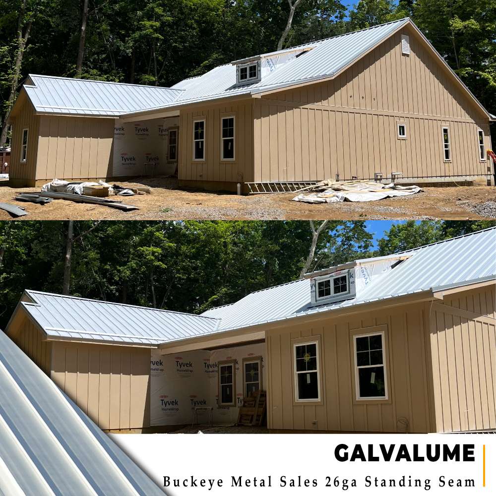 Two angles of a Galvalume standing seam metal roof on a large custom new construction home in Pierce Township, Ohio.