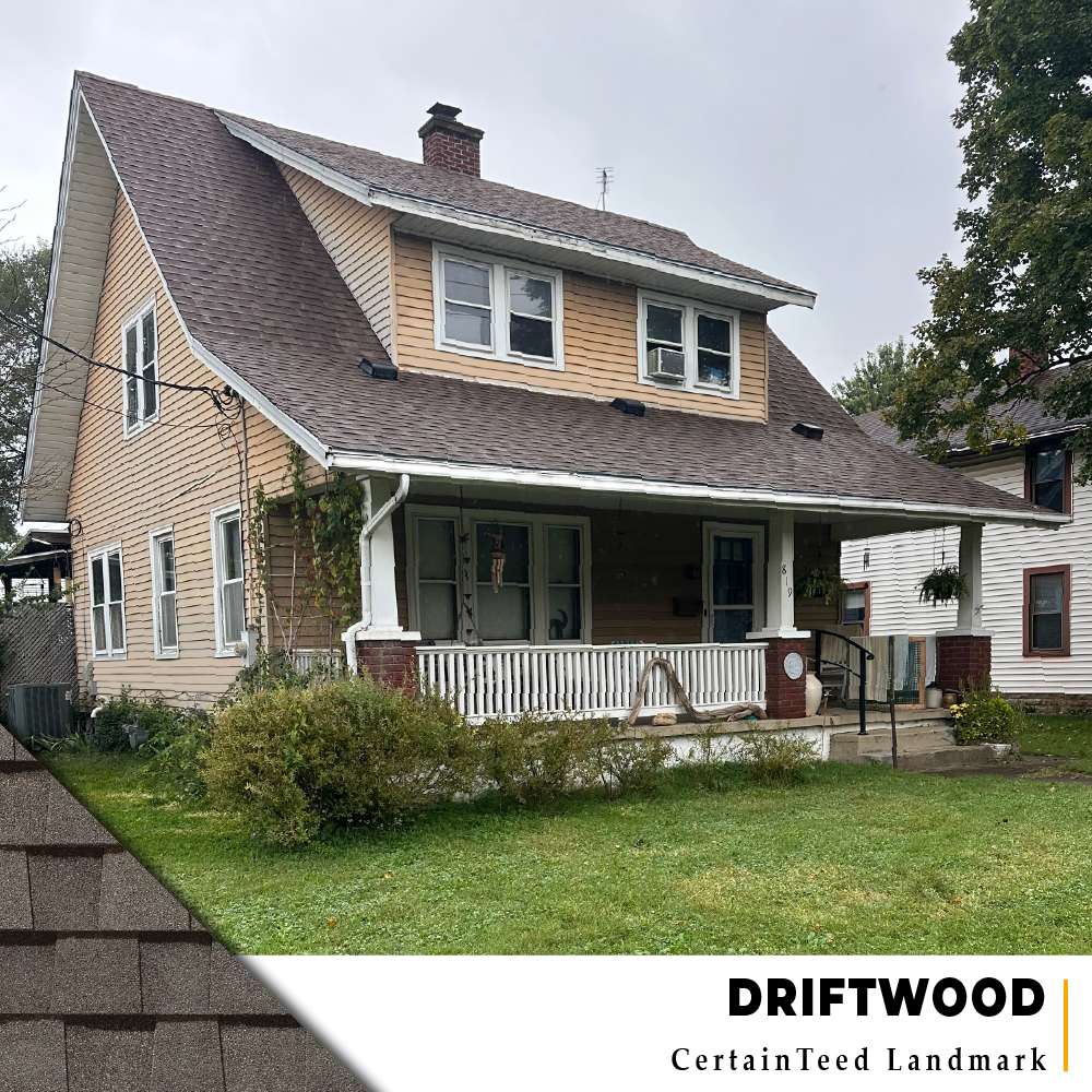 Driftwood CertainTeed Landmark Shingle replacement on charming yellow siding home in Milford, Ohio.