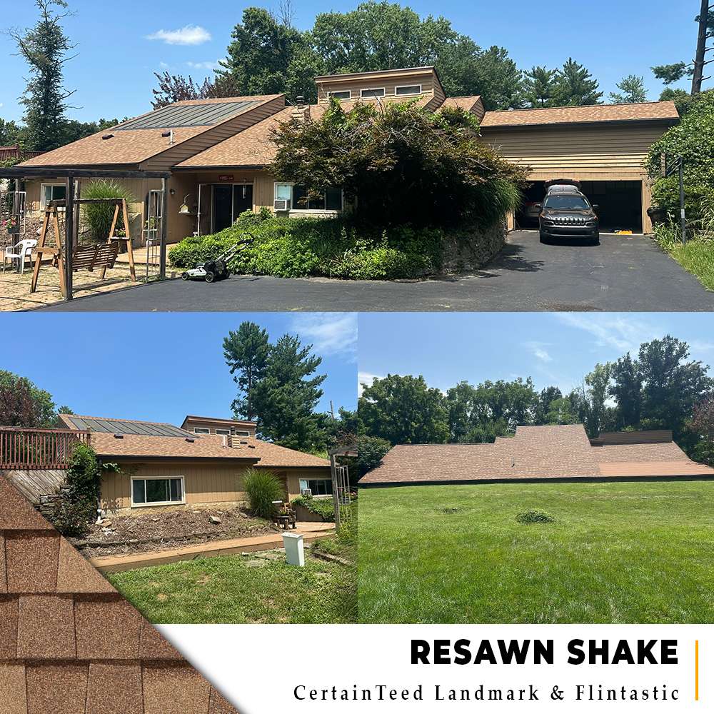 Resawn Shake CertainTeed Landmark Shingle and Flintastic Low-Slop roof replacement on unique tan siding home and attached garage in Loveland, Ohio.