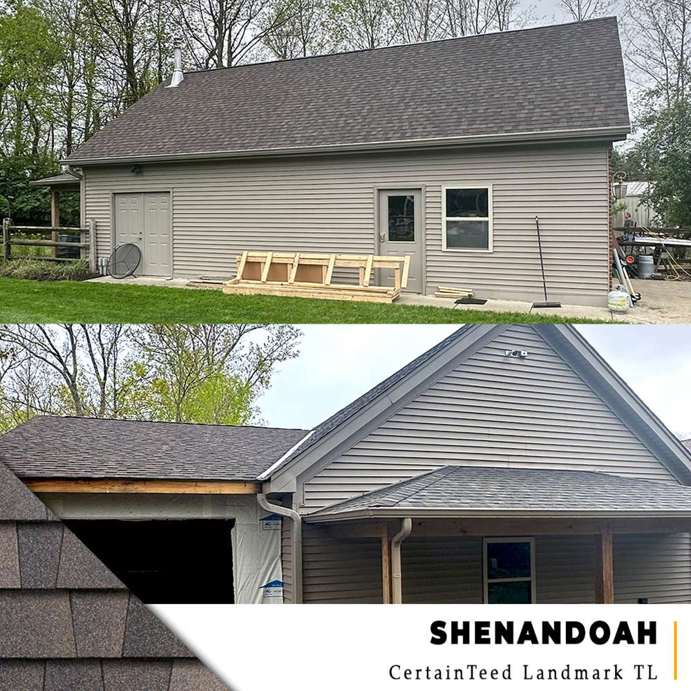 Two angles of Landmark CertainTeed dimensional shingle roof on new construction outbuilding in Loveland, Ohio.