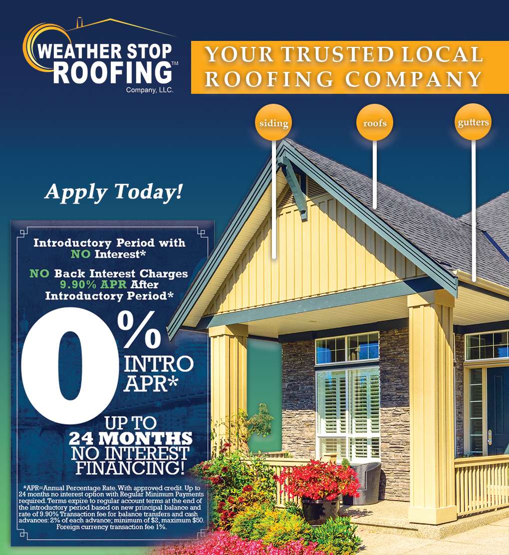 0% introductory APR home improvement financing flyer for roof replacement and gutter installation services by Weather Stop Roofing in Greater Cincinnati