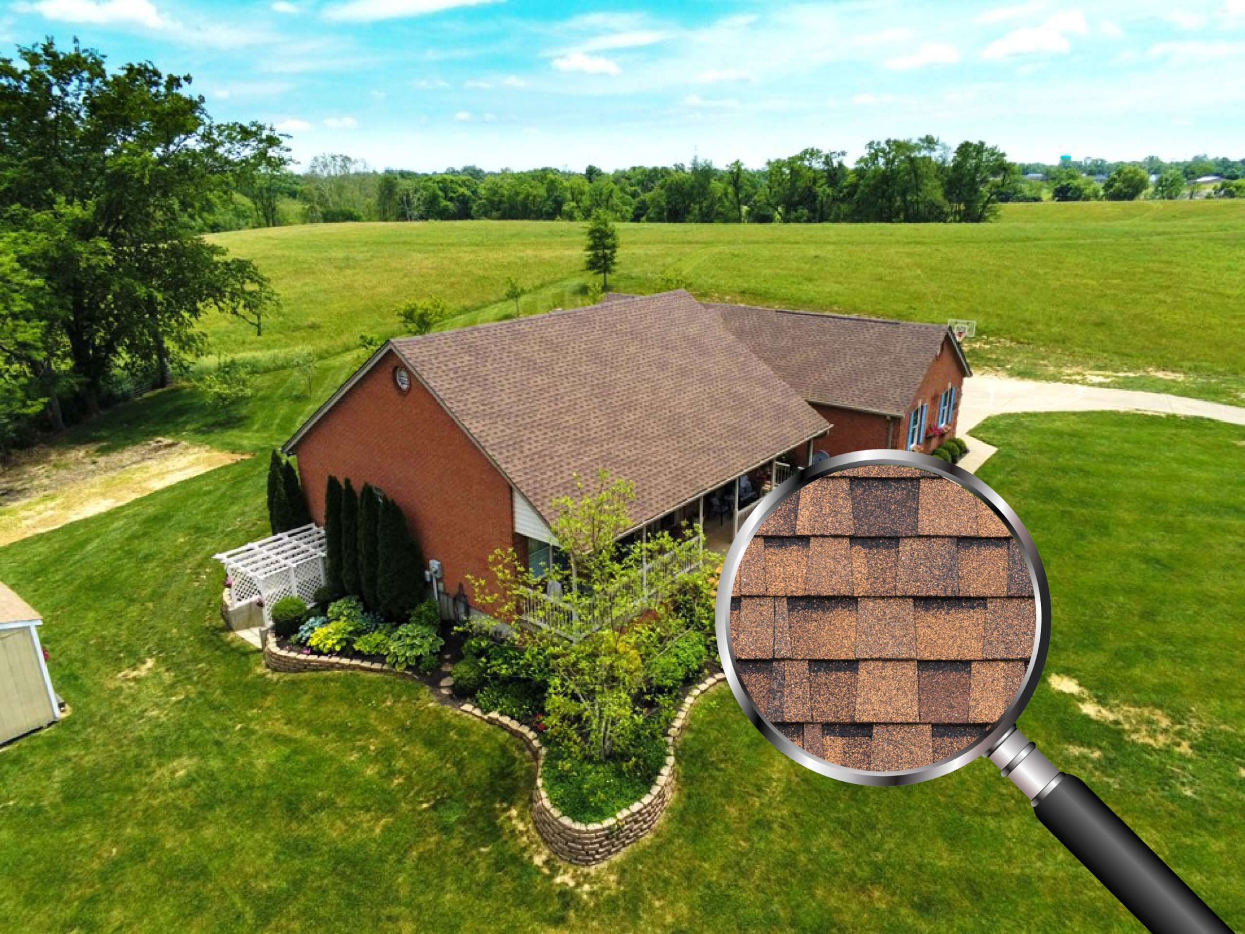 An aerial perspective of a brick residential home in Greater Cincinnati featuring a prominent magnifying glass graphic focusing closely on the texture of brown architectural asphalt shingles during a physical roof inspection.