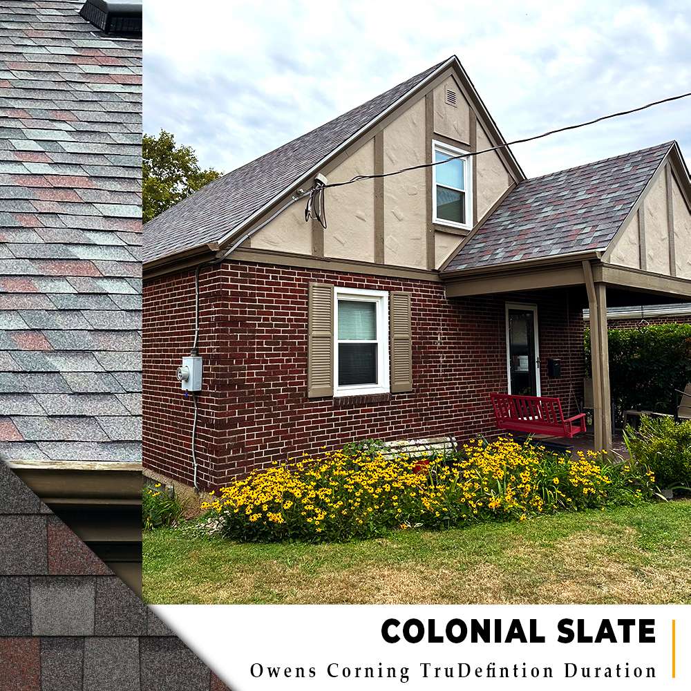 Wide and up-close views of Colonial Slate Owens Corning shingle roof on dark brick home in Cincinnati, Ohio.