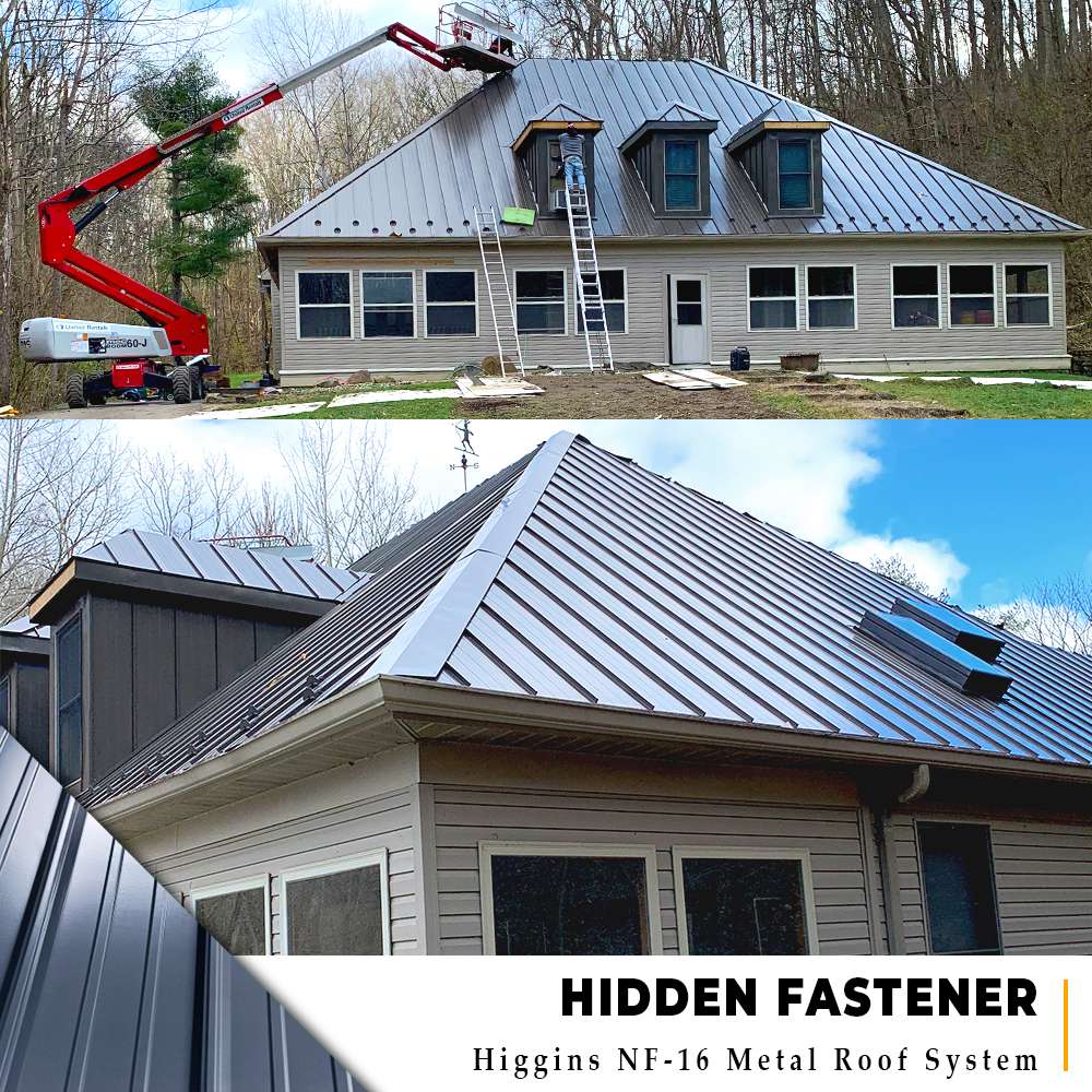 Wide and close-up angles of Higgins concealed fastener dark metal roof on new construction building in Batavia, Ohio.