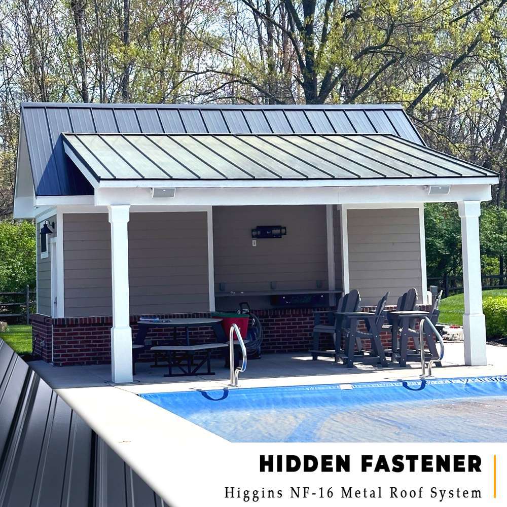 Higgins hidden fastener dark metal roof system installed on a gray pool house in Loveland, Ohio.