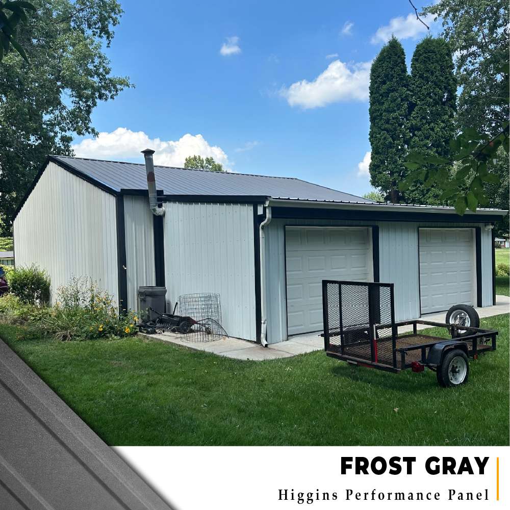 Higgins Performance Panel Frost Dark Gray metal roof replacement on detached white metal siding garage with dark trim in Goshen, OH.