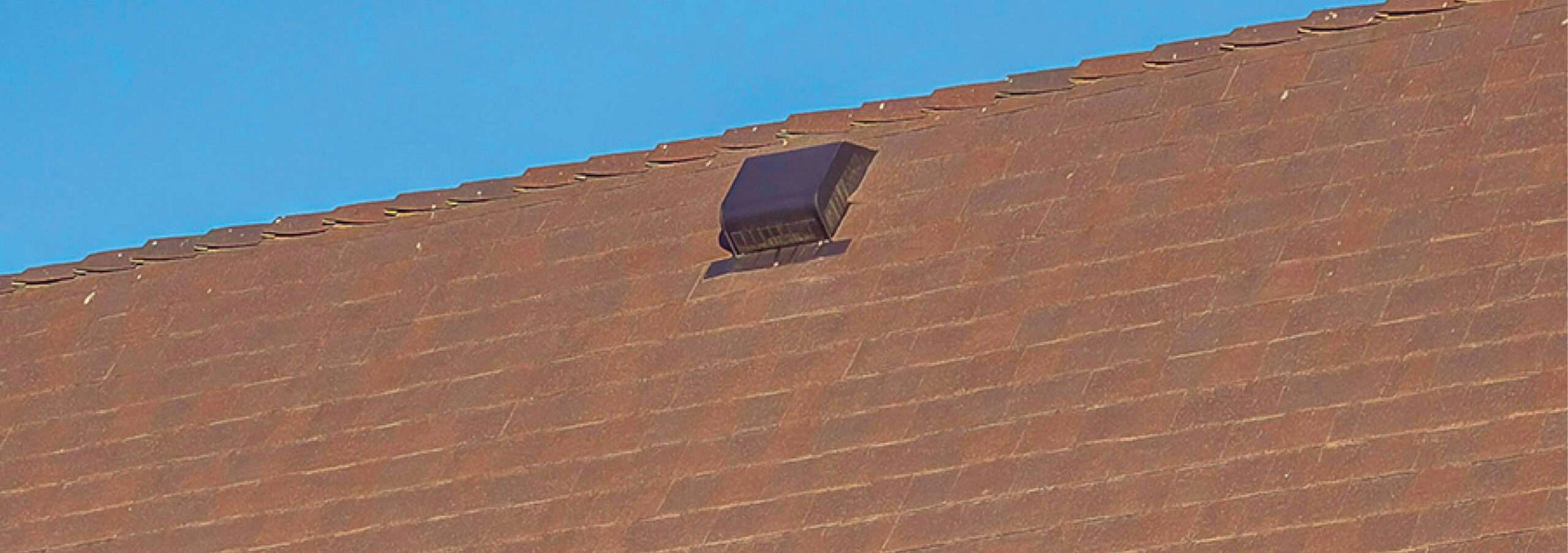 Wide view of a large brown asphalt shingle roof facet featuring an insufficient ventilation layout with only a single box vent installed in Cincinnati.