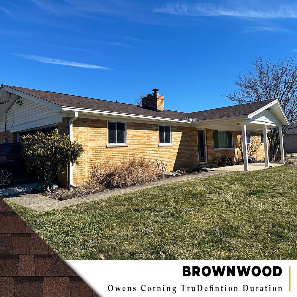 Brownwood dimensional shingle roof replacement on a yellow brick ranch in Cincinnati, Ohio.