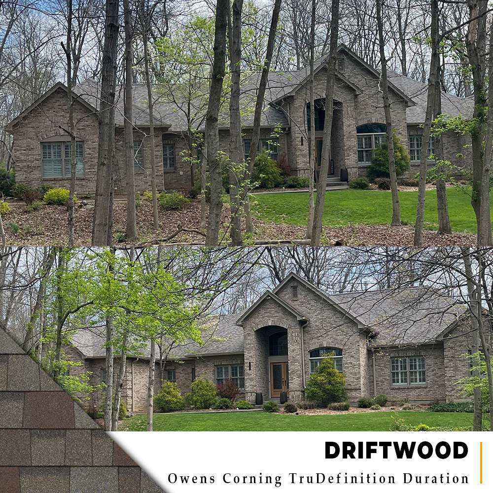 Two angles of Driftwood architectural roof on large two story light brick home in Milford, OH.