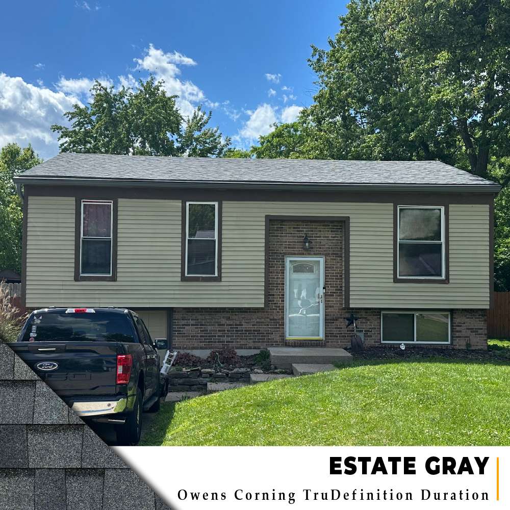 Owens Corning TruDefinition Duration Shingle replacement on beige siding and brick bi-level home in Milford, Ohio.