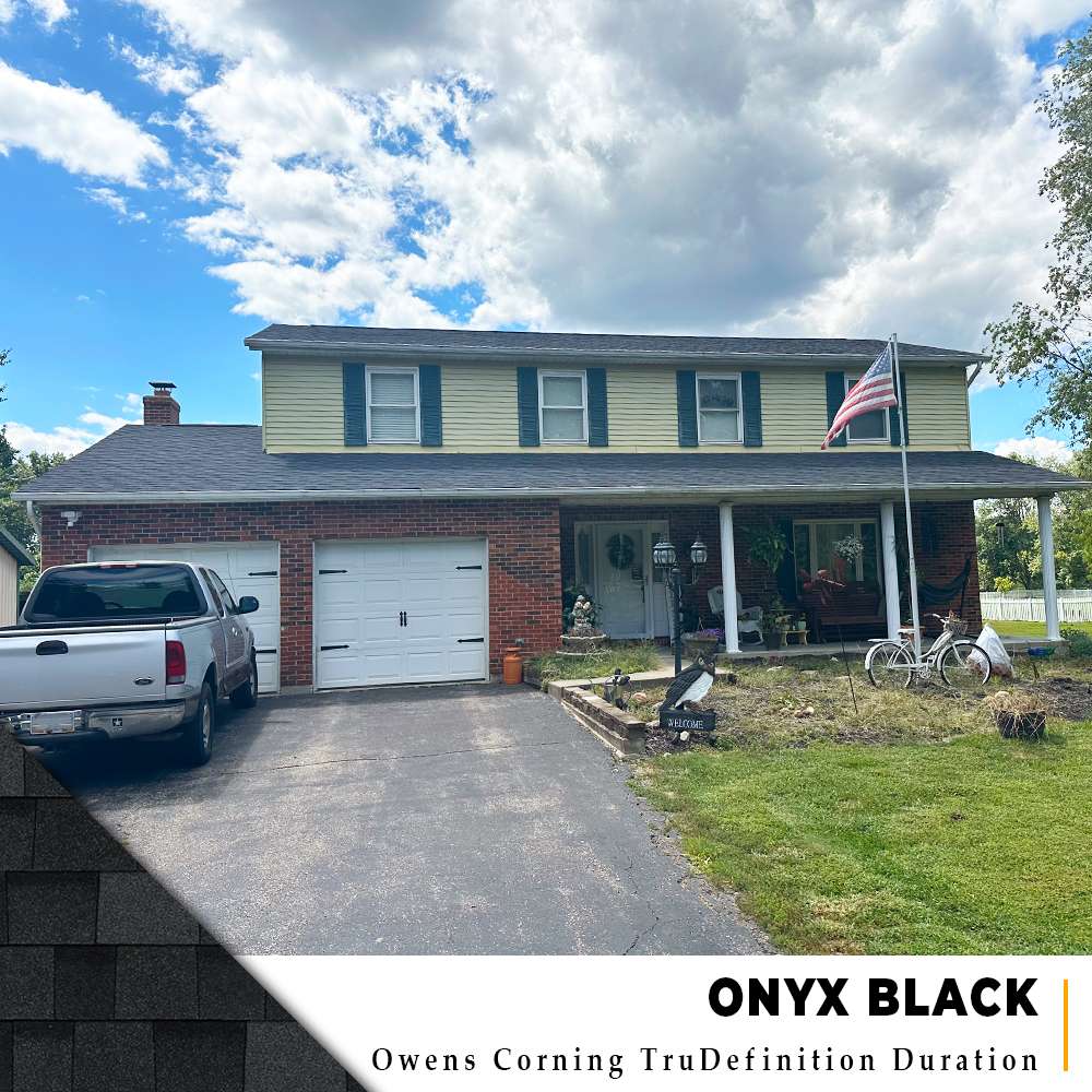 Onyx Black dimensional roof installation on a two-story home in Goshen, Ohio.