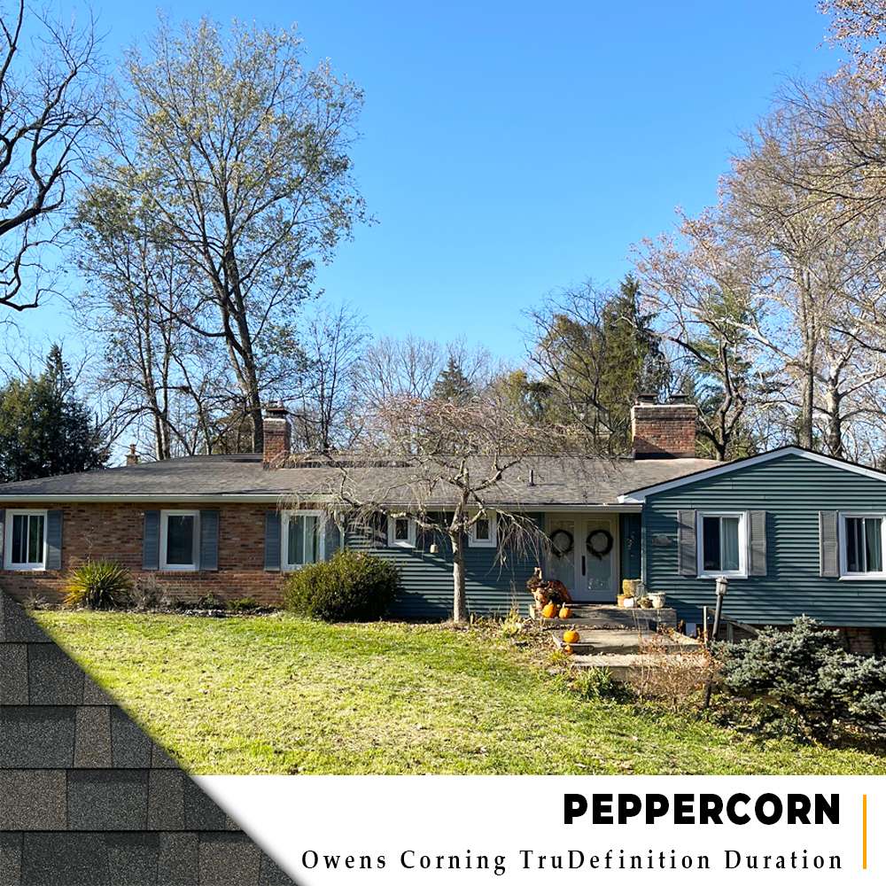 Peppercorn dimensional shingle roof installation on a brick and green siding ranch in Batavia, Ohio.