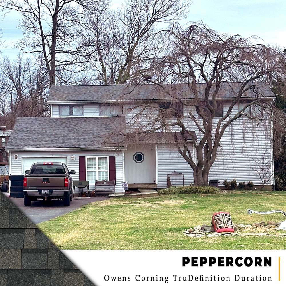Peppercorn Owens Corning roof installation on a white siding home in Fayetteville, Ohio.