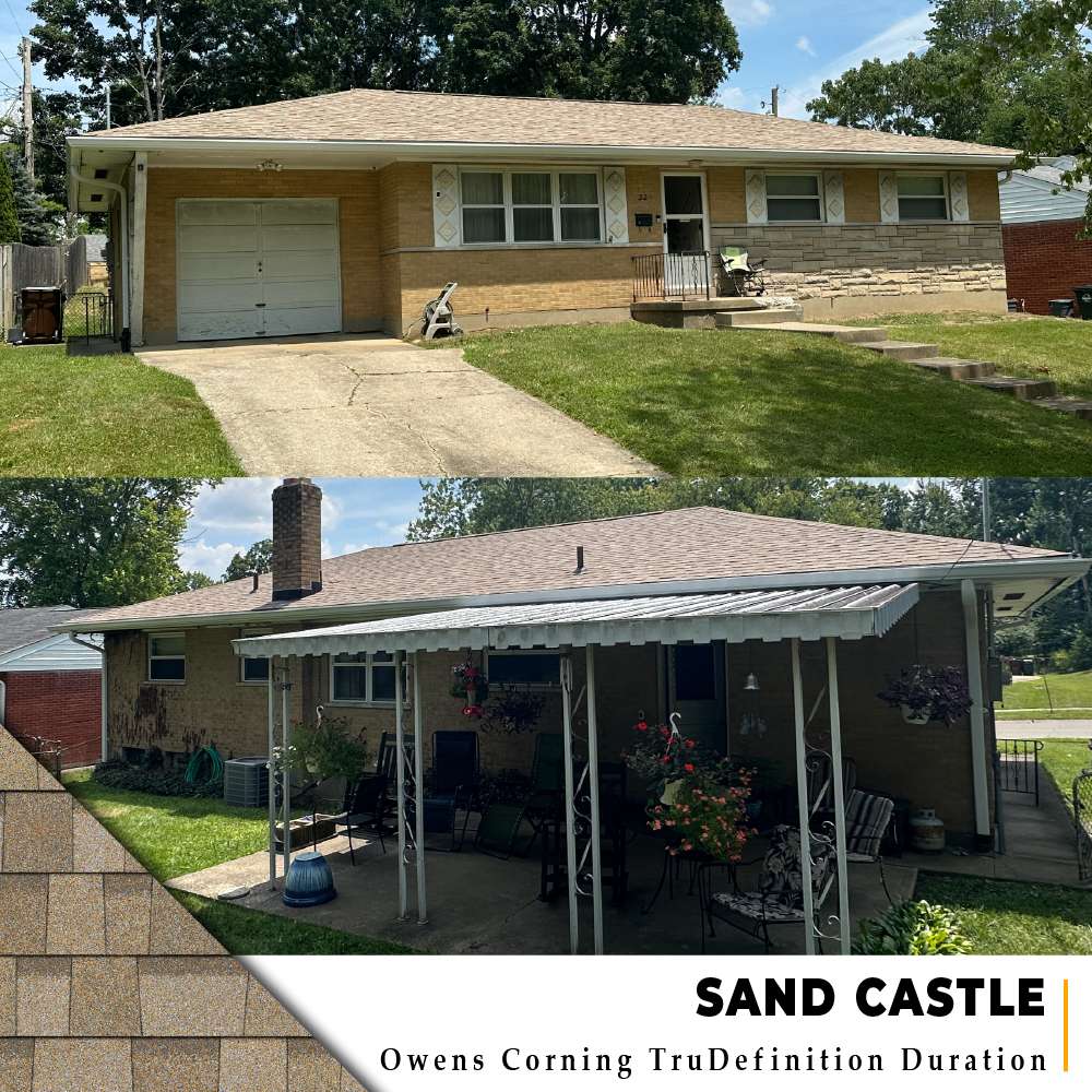 Front and back views of a Sand Castle Owens Corning TruDefinition Duration roof replacement on light yellow brick home in Cincinnati, Ohio.