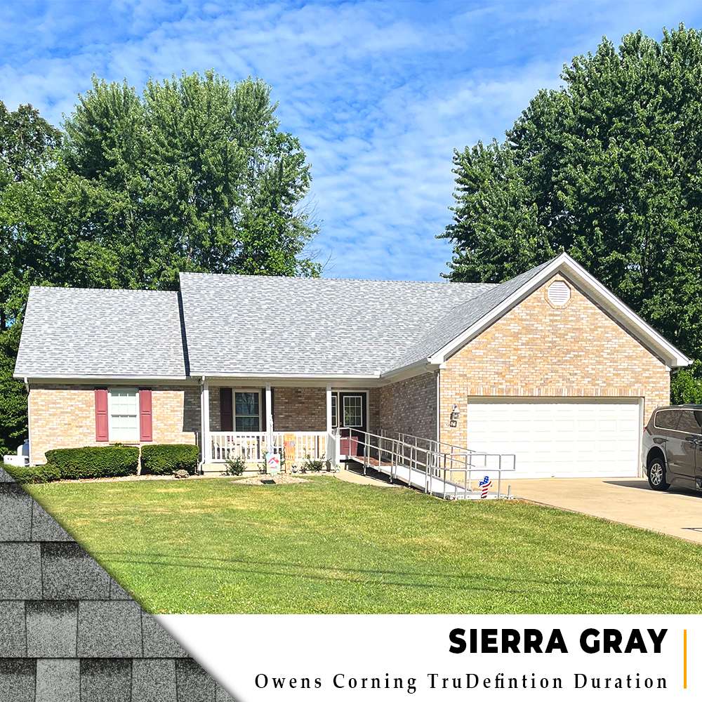 Sierra Gray Owens Corning TruDefinition Duration shingle roof installation on a light brick ranch in Fayetteville, Ohio.