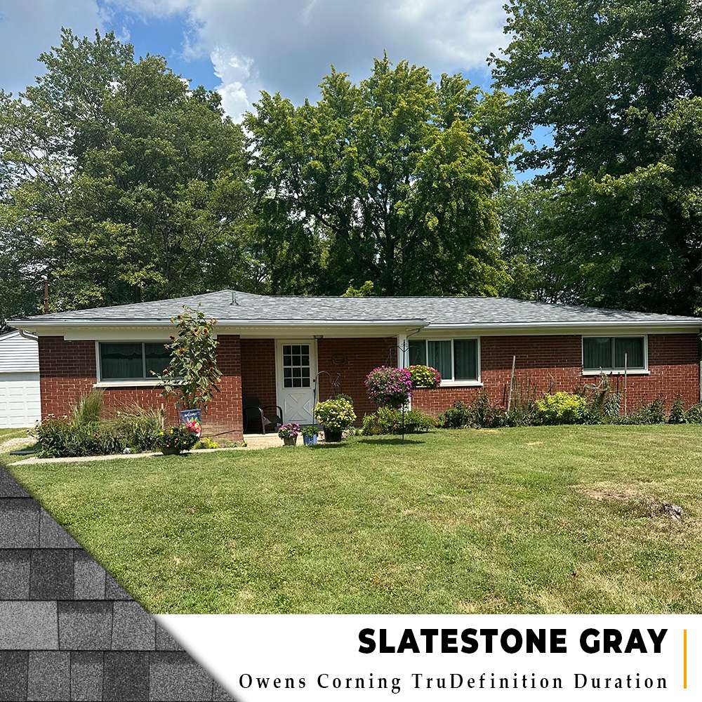Slatestone Gray Owens Corning TruDefinition Duration shingle roof replacement on dark red brick ranch in Milford, Ohio.