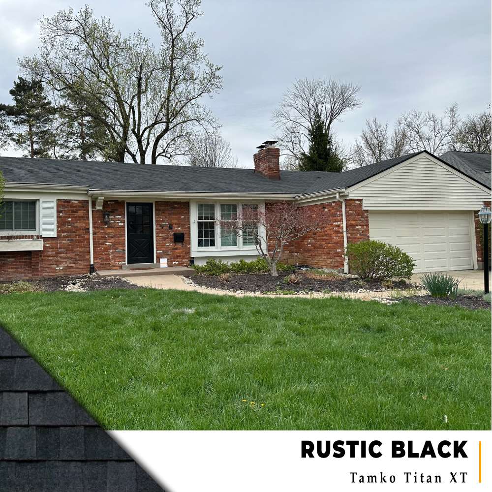 Rustic Black Tamko shingle roof installation on red brick ranch with cream siding in Cincinnati, Ohio.