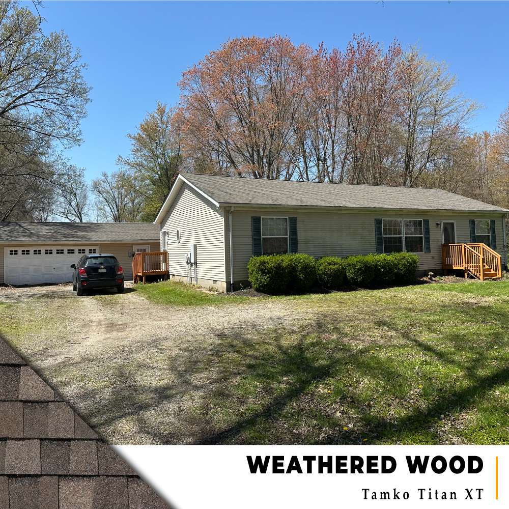 Weathered Wood Tamko Titan XT shingle roof installation on light one story house and garage in Pleasant Plain, Ohio.