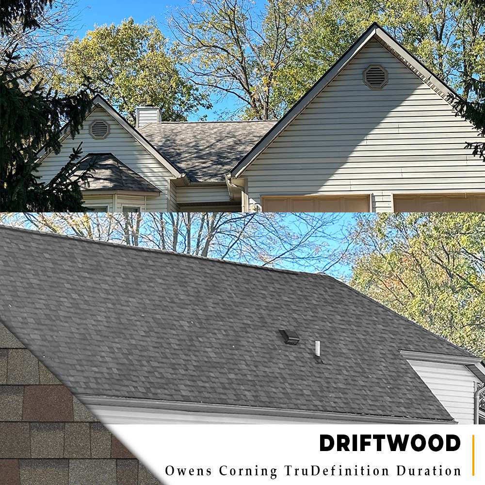 Full and close-up angles of a Driftwood Owens Corning shingle roof replacement on white siding home in Lebanon, Ohio.