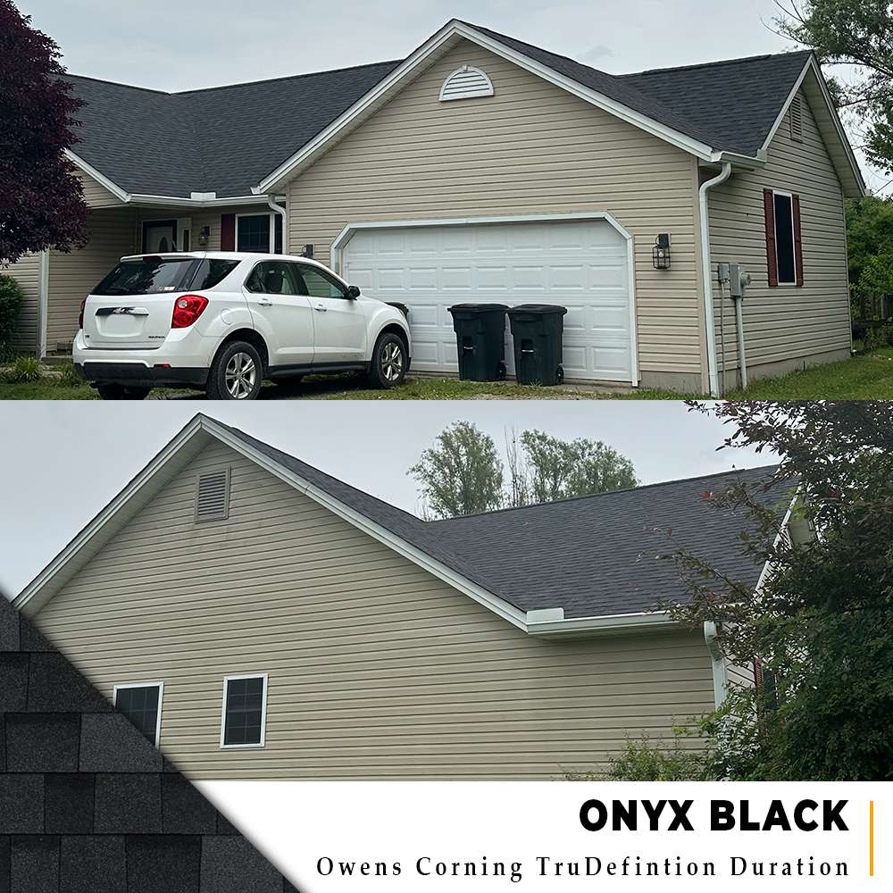 Two views of an Onyx Black Owens Corning TruDefinition Duration shingle roof replacement on a one-story tan siding home in Pleasant Plain, Ohio.