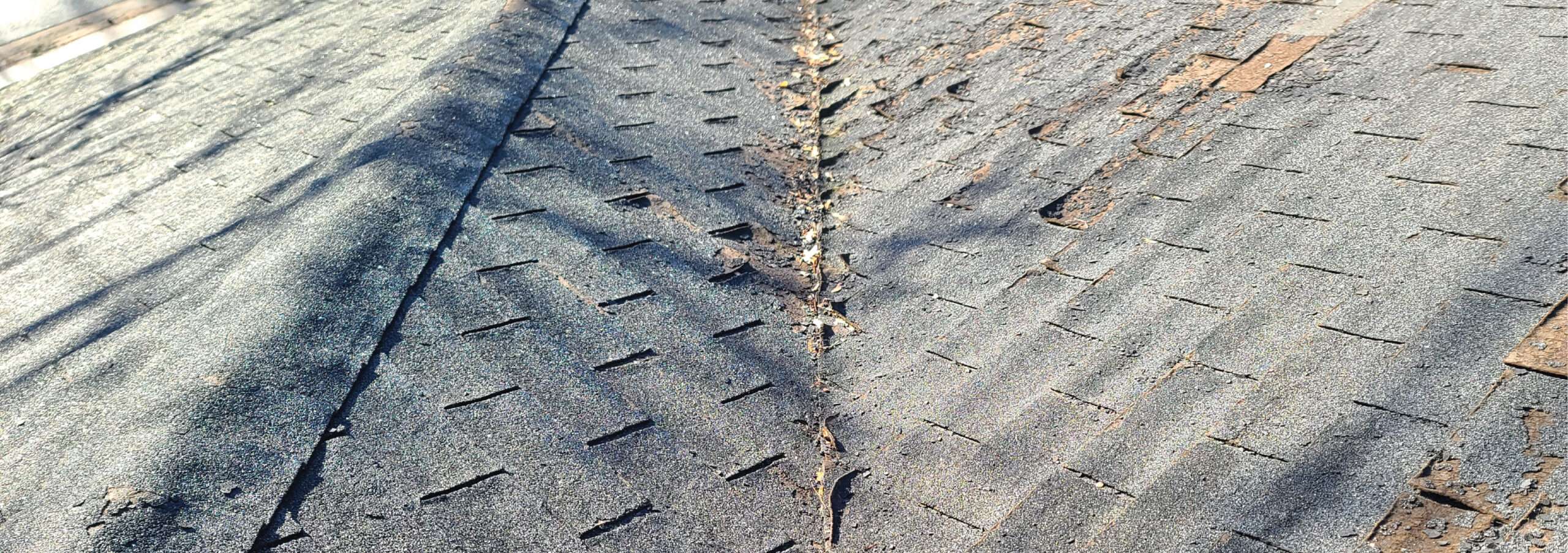 Close-up of severe, widespread asphalt shingle degradation featuring complete granule loss, curling, and splitting across a weathered roof facet in Cincinnati.